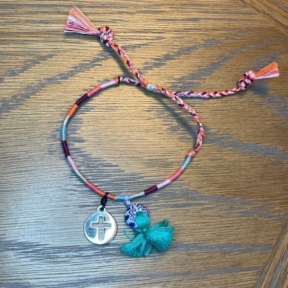 Nwt Braided Bracelet With Cross And Pompom Charm - Picture 1 of 5